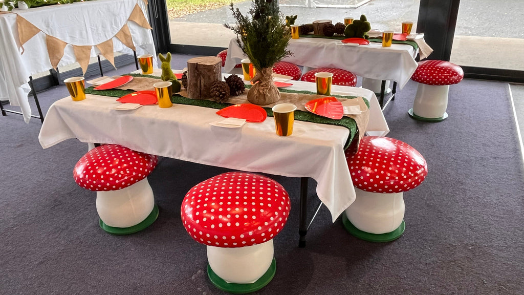 Woodland kids party theme with toadstool chairs