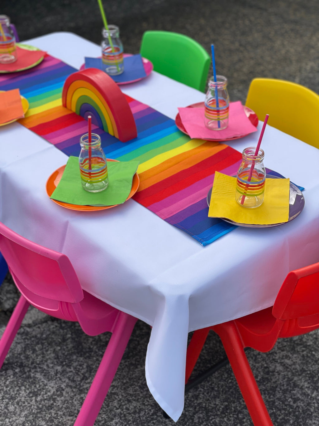 Kids birthday party table and chairs, rainbow package