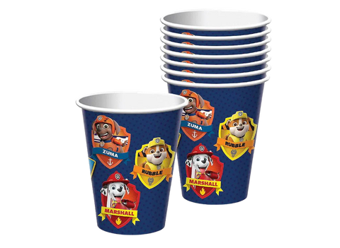 Set of blue party cups with Paw Patrol character illustrations on a white background