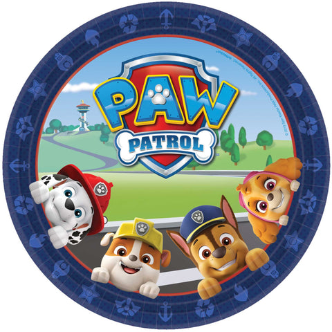 Paw Patrol paper plate with cartoon characters on a blue border