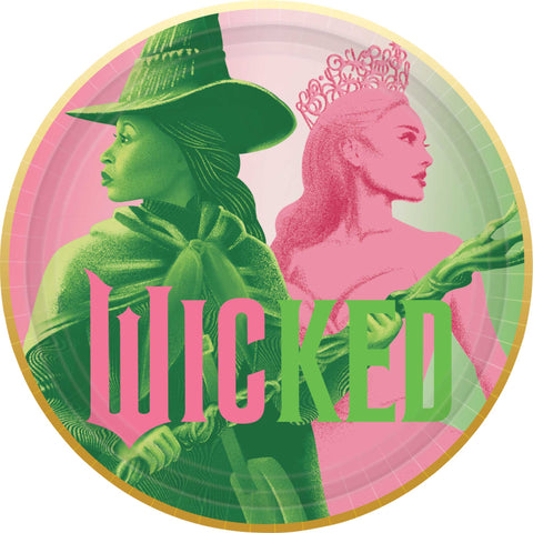 Round 'Wicked' themed paper plate with green and pink illustrations of characters.