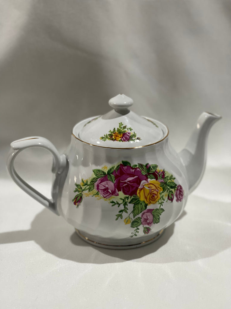 White Teapot - Pink/yellow flowers (For Hire)