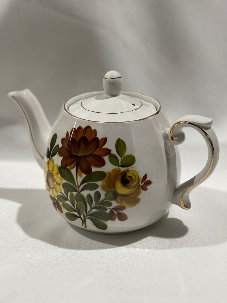 White Teapot - Yellow/brown flowers (For Hire)