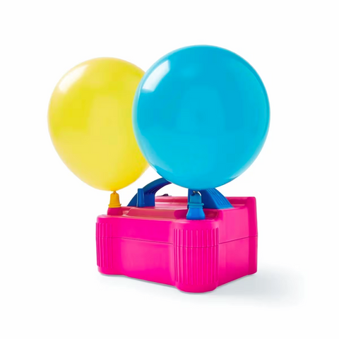 Pink balloon pump with a yellow and blue balloon on a white background