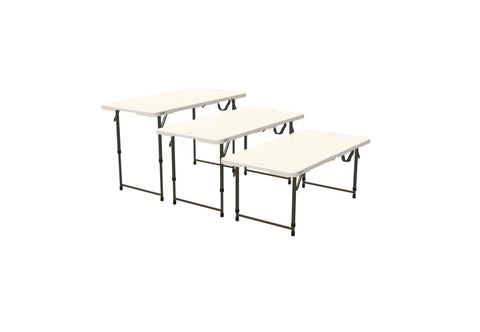 Three Settings of folding tables on a white background