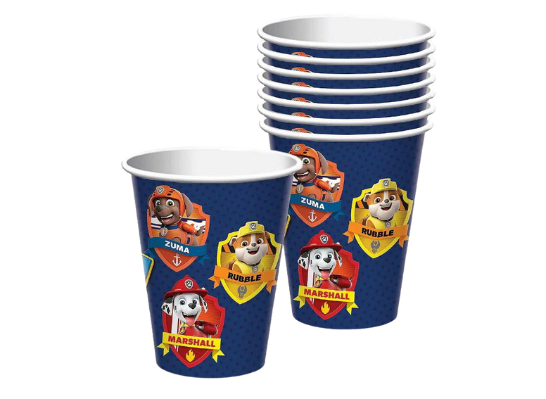 Set of blue party cups with Paw Patrol character illustrations on a white background