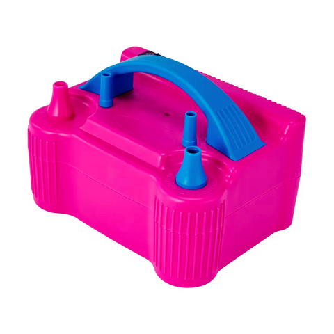 Pink and blue inflatable pool pump on a white background