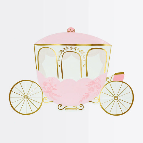Pink and gold carriage-shaped cake on a white background