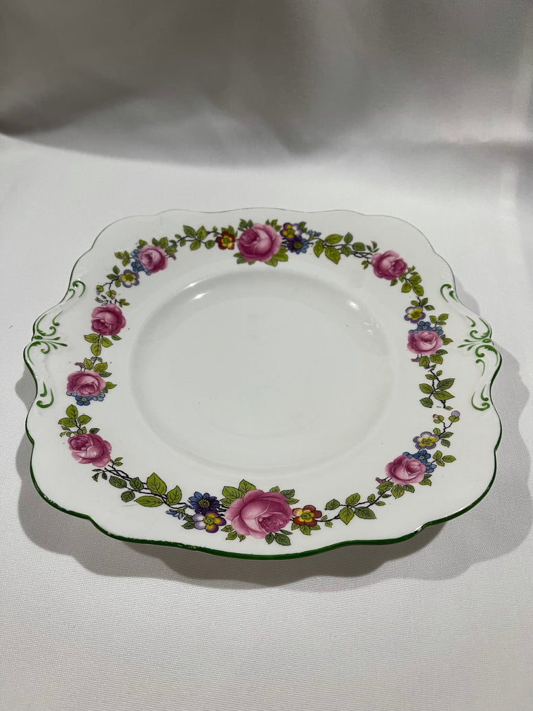 White - green rimmed, pink Rose Vintage Cake Plate
