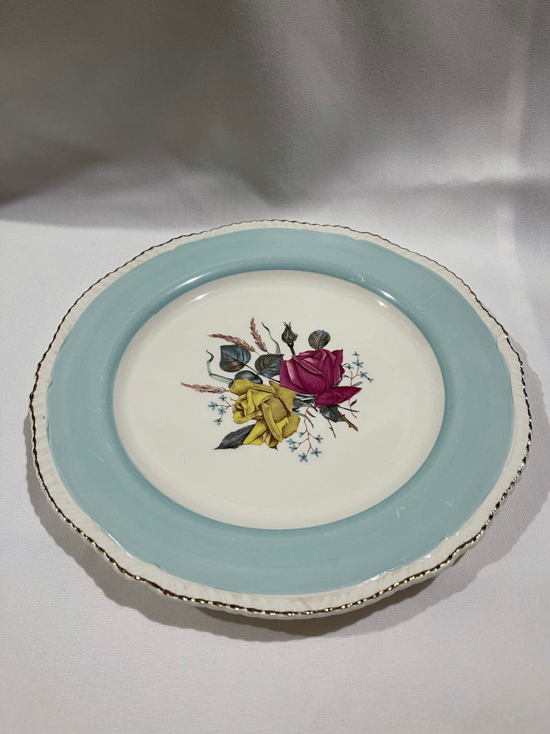 Blue rimmed, Pink/yellow Rose Vintage Cake Plate