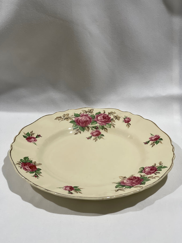 Cream, Pink Rose Vintage Cake Plate
