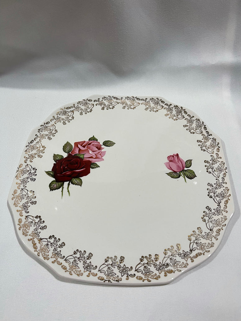Gold rimmed, pink/red Rose Vintage Cake Plate